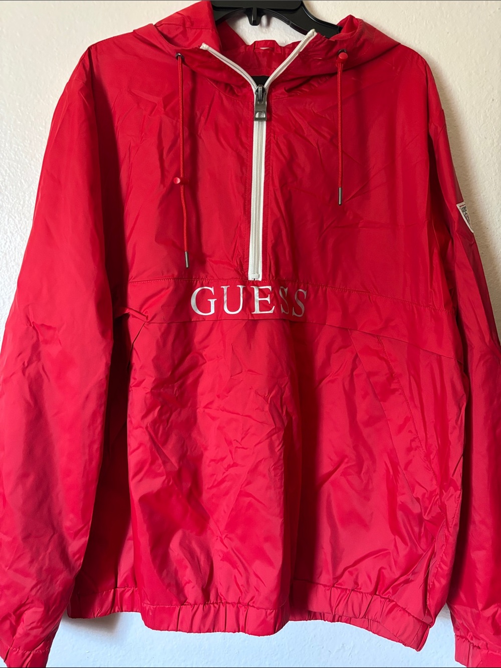 GUESS Red Hooded Half-Zip Pullover Windbreaker Jacket with White Trim